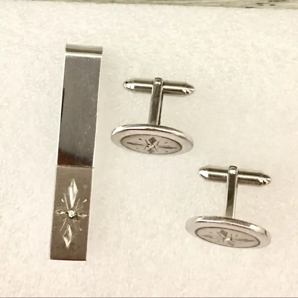 Vintage Kreisler 925 Sterling Silver Diamond Cufflinks Tie Bar Set 1206